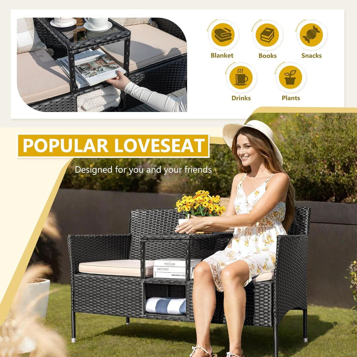 Outdoor Patio 2 Seat Loveseat Set With Built Table Beige