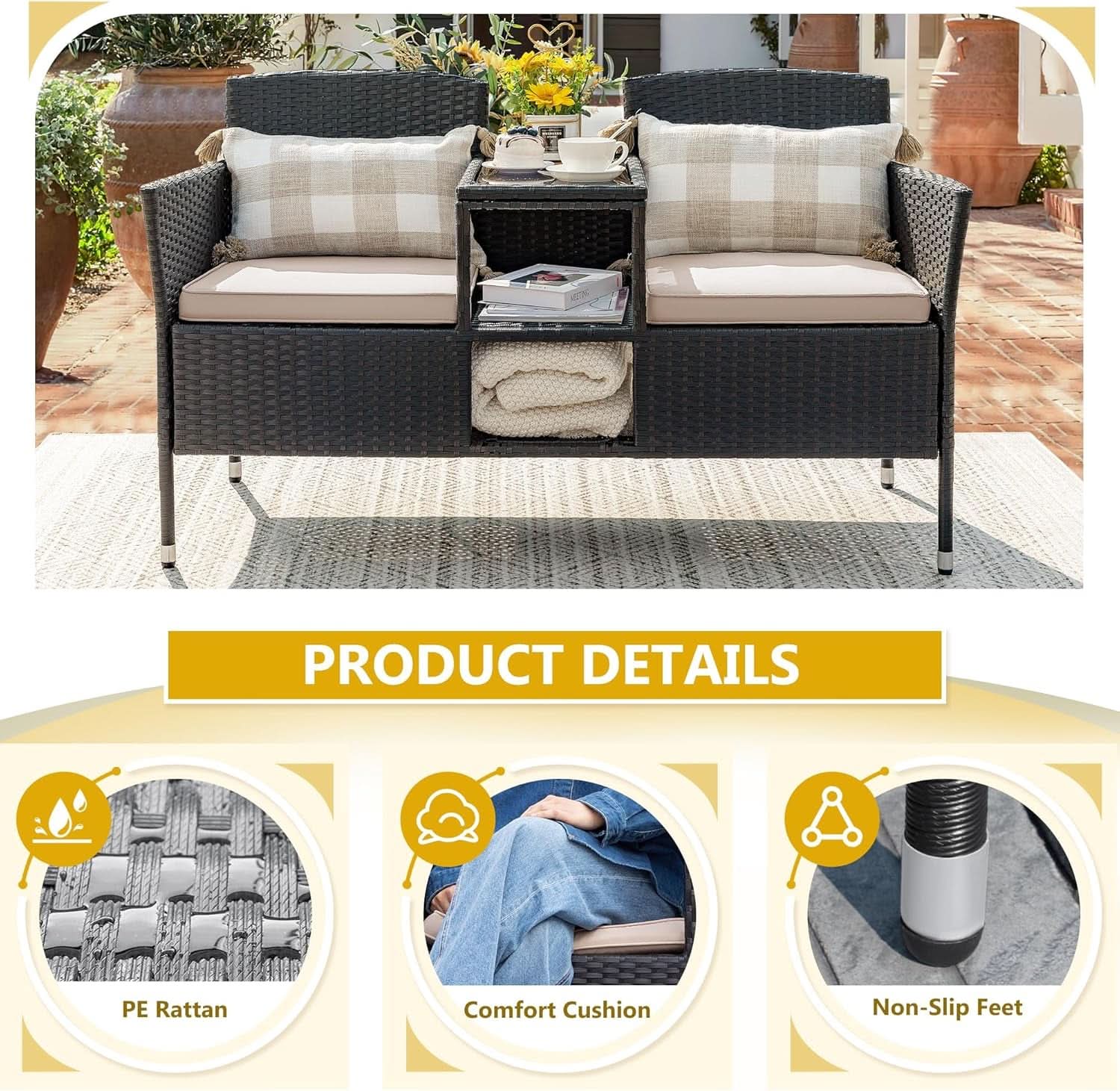 Outdoor Patio 2 Seat Loveseat Set With Built Table Beige