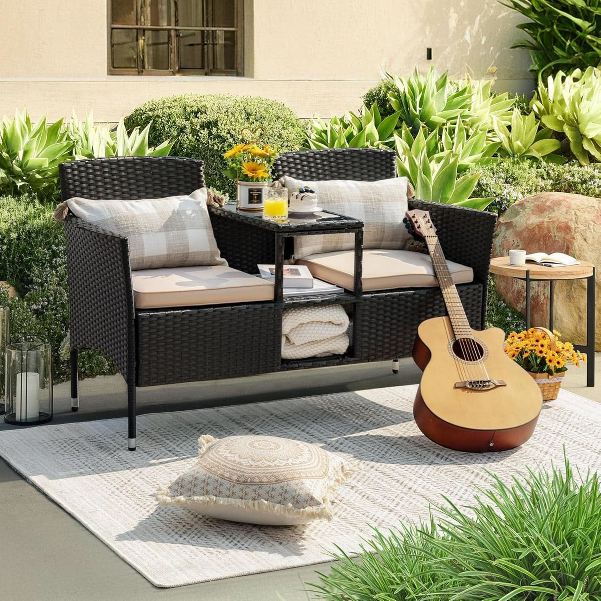 Outdoor Patio 2 Seat Loveseat Set With Built Table Beige