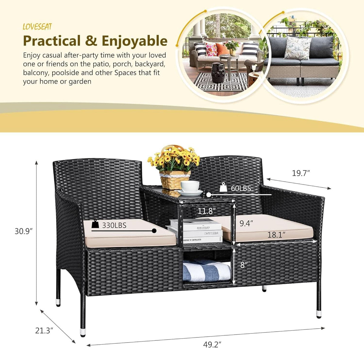 Outdoor Patio 2 Seat Loveseat Set With Built Table Beige