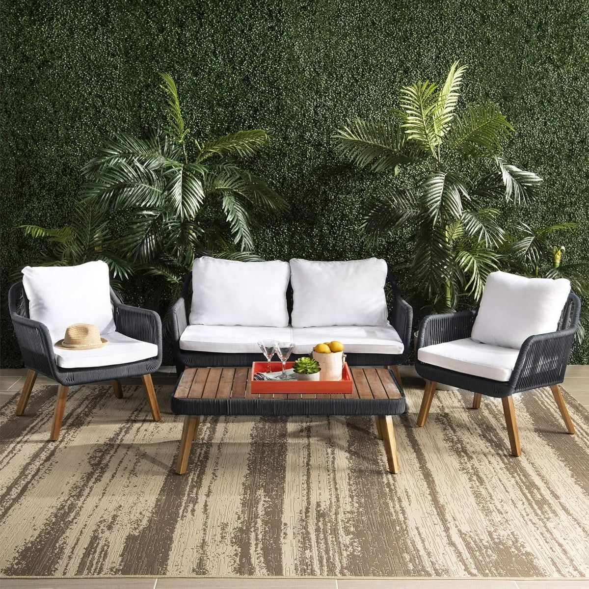 Outdoor Patio 4 Piece Eucalyptus Rope Furniture Set