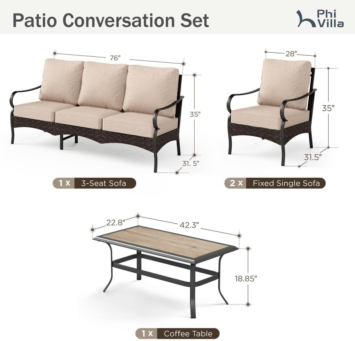 Outdoor Patio Conversation Set Wicker Waterproof Cushions