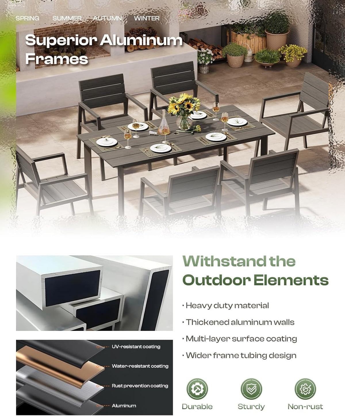 Outdoor Patio Dining Set 7 Piece Aluminum All Weather Charcoal Umbrella Hole