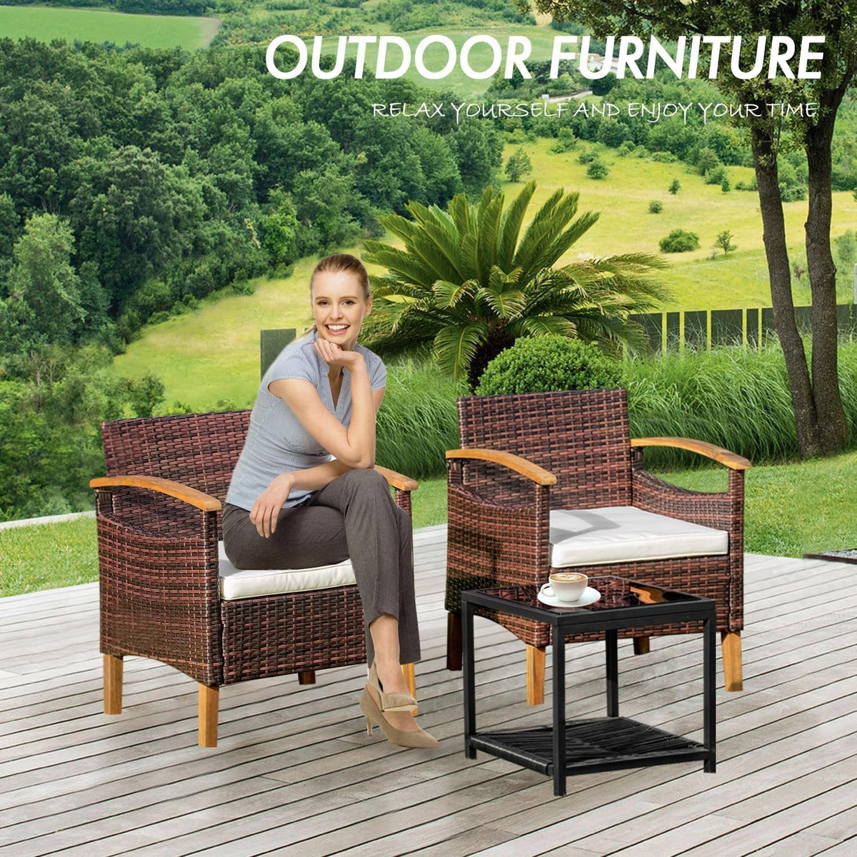 Outdoor Patio Furniture Set 3 Piece Wicker Brown With Table