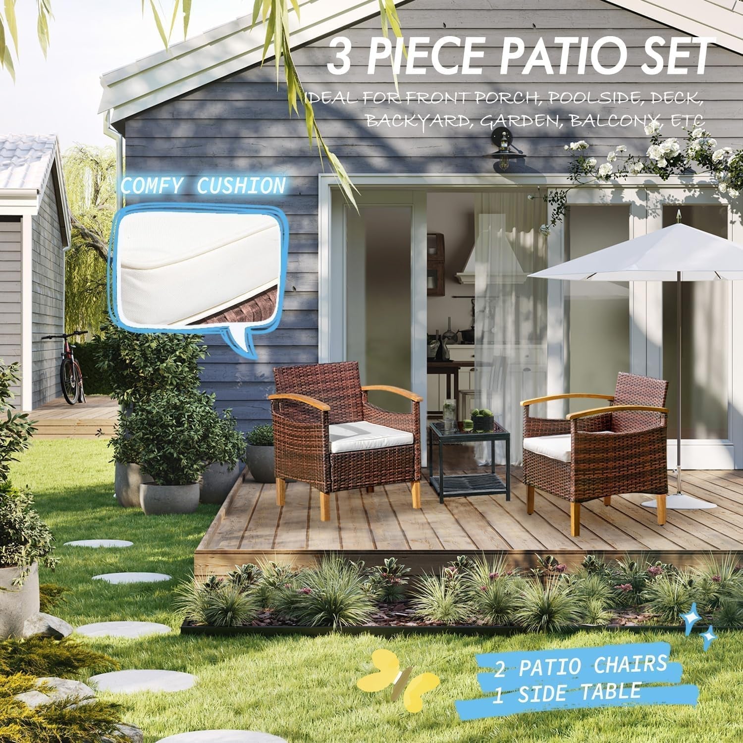 Outdoor Patio Furniture Set 3 Piece Wicker Brown With Table