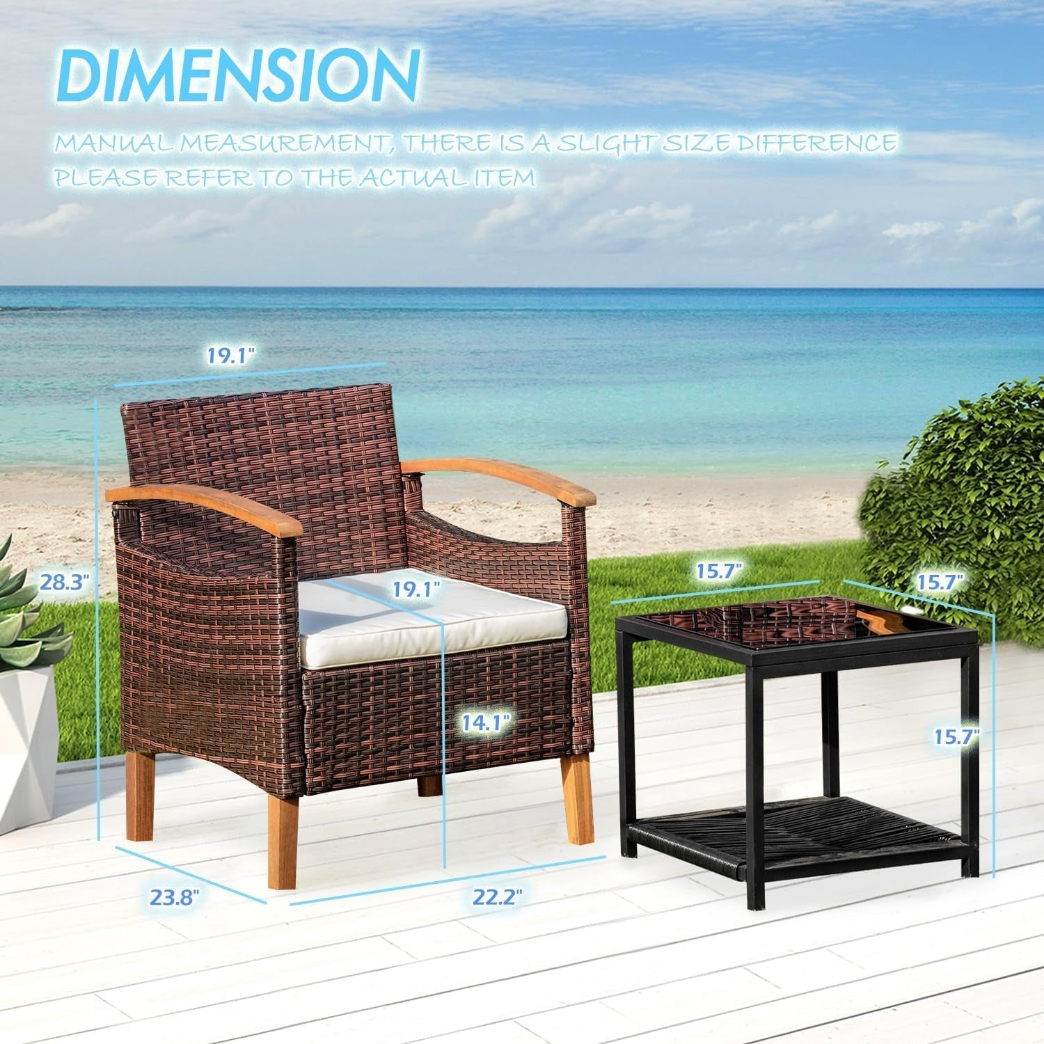 Outdoor Patio Furniture Set 3 Piece Wicker Brown With Table