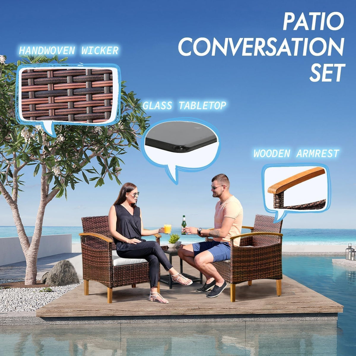 Outdoor Patio Furniture Set 3 Piece Wicker Brown With Table