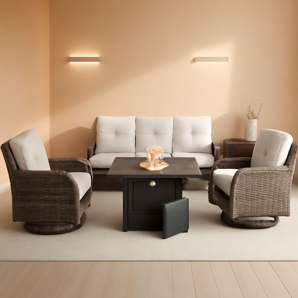 Outdoor Patio Furniture Set With 50000 BTU Fire Pit Beige