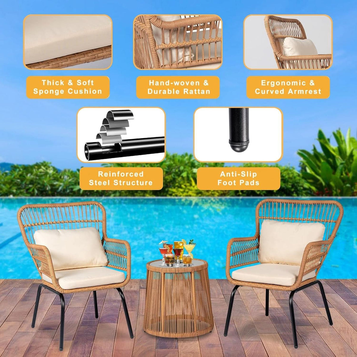 Outdoor Patio Wicker Bistro Set 3 Piece Yellow Beige