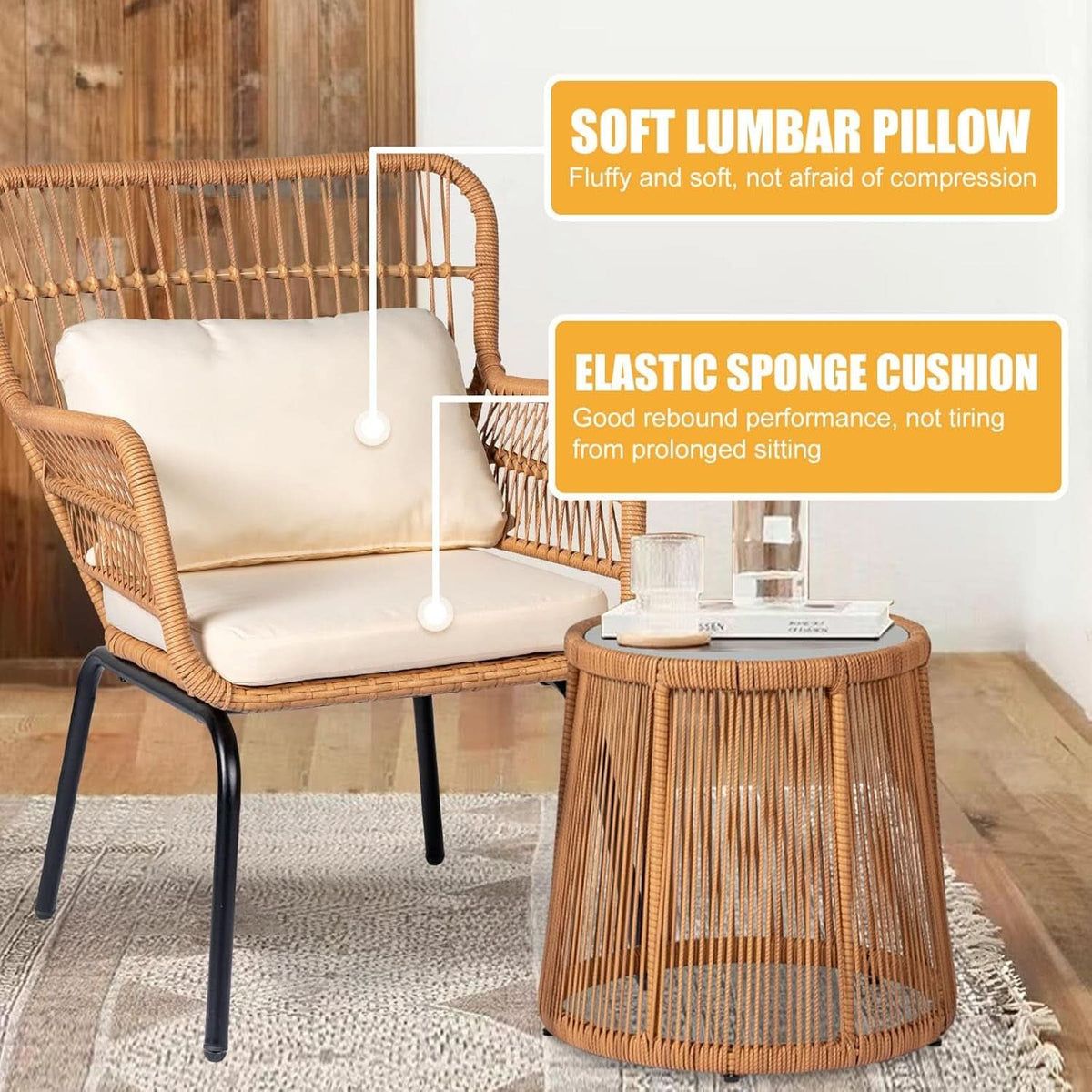 Outdoor Patio Wicker Bistro Set 3 Piece Yellow Beige
