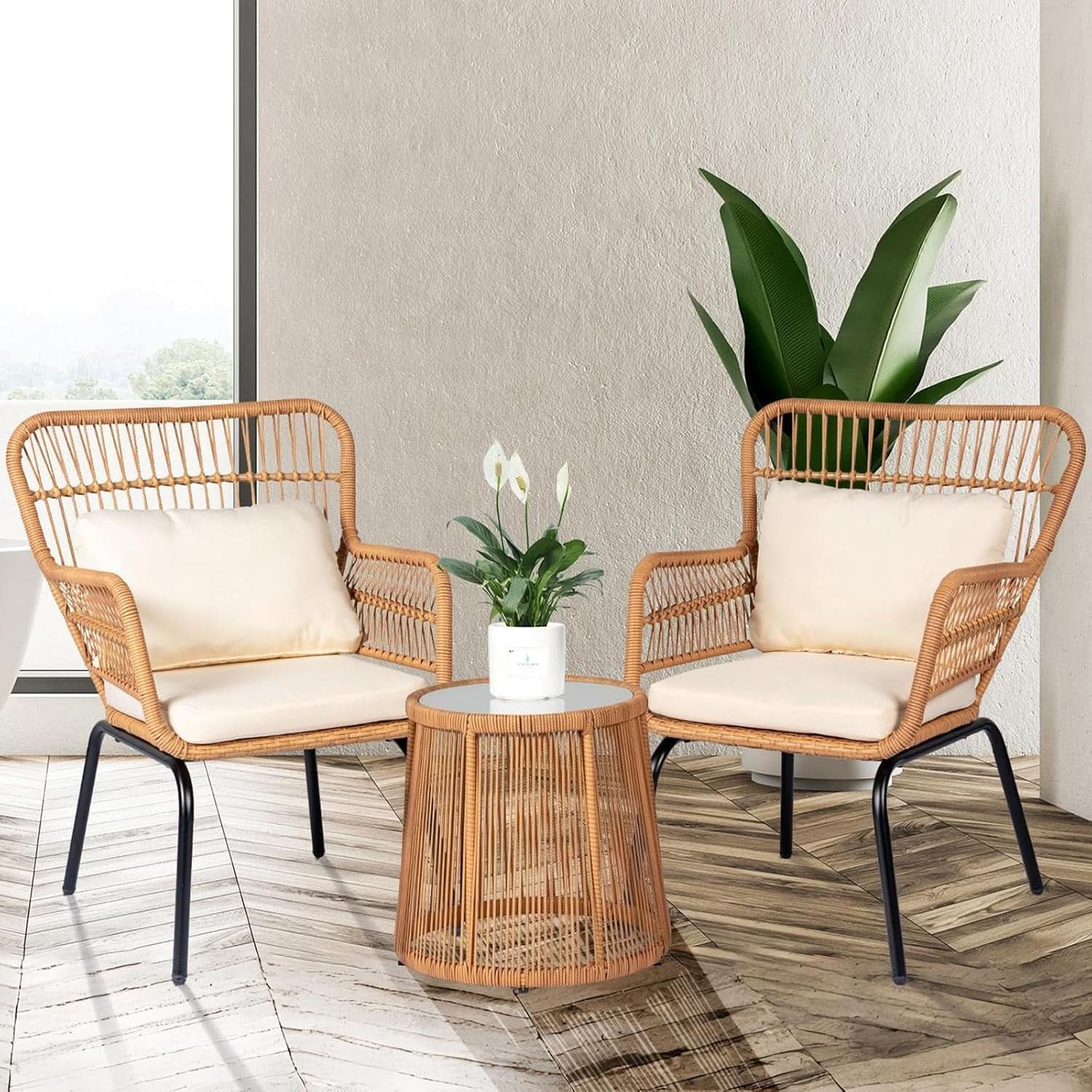 Outdoor Patio Wicker Bistro Set 3 Piece Yellow Beige