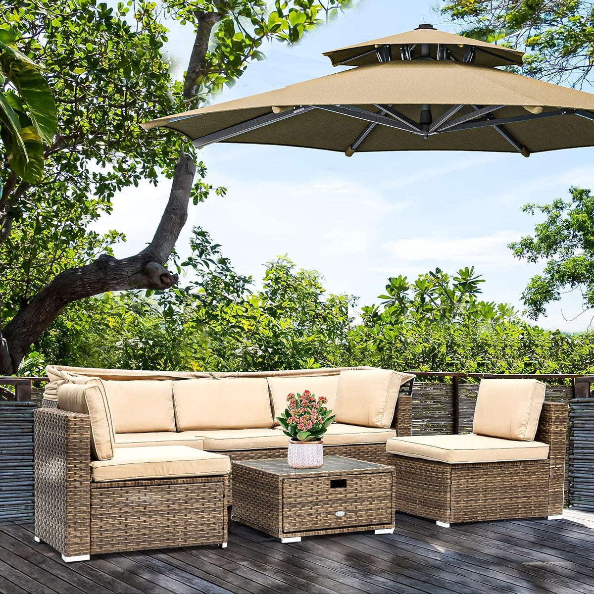 Outdoor Patio Wicker Daybed Set with Canopy Cushions