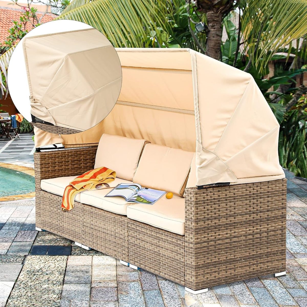 Outdoor Patio Wicker Daybed Set with Canopy Cushions