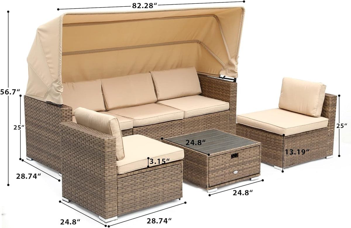 Outdoor Patio Wicker Daybed Set with Canopy Cushions