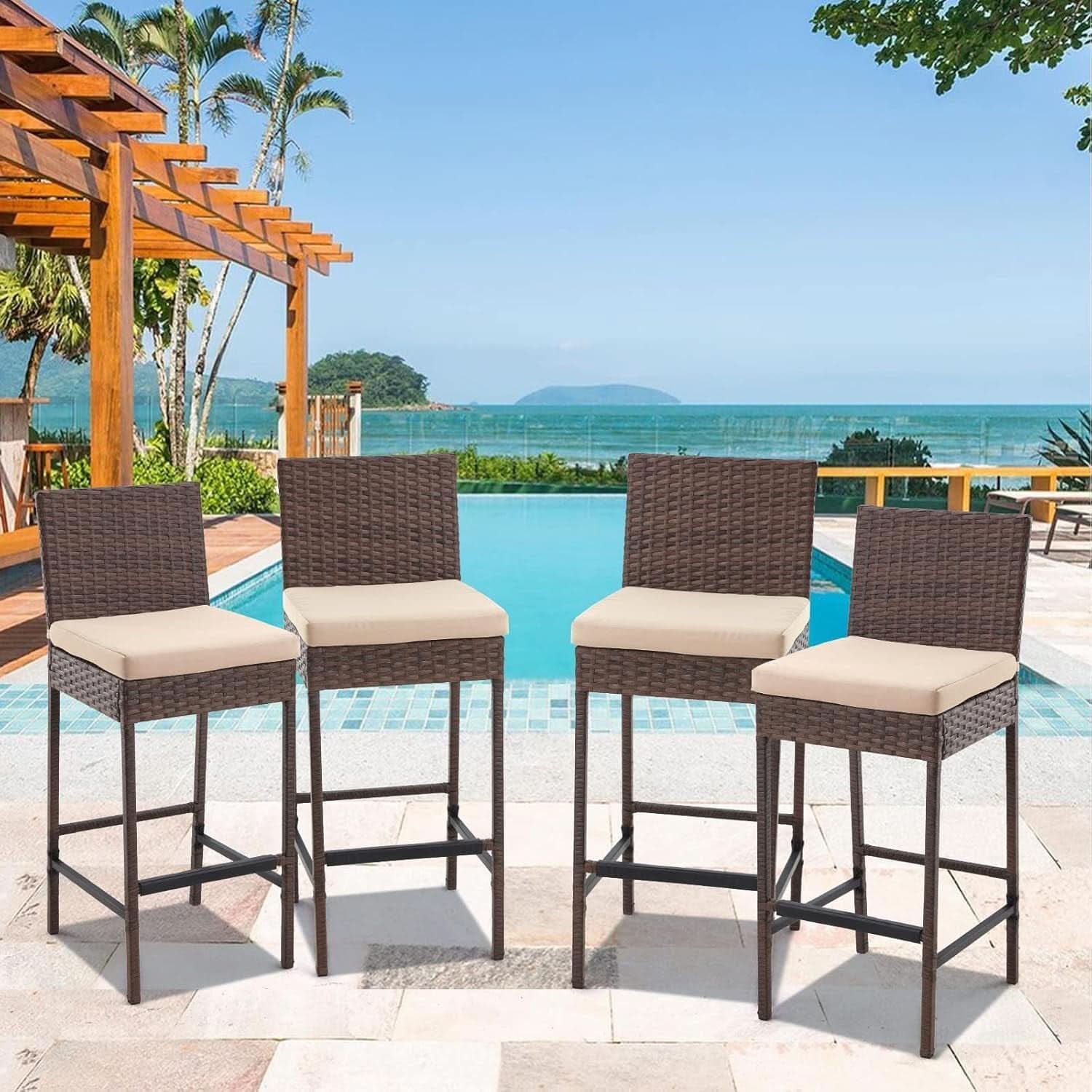 Outdoor Rattan Bar Stools Set with Cushions Comfort
