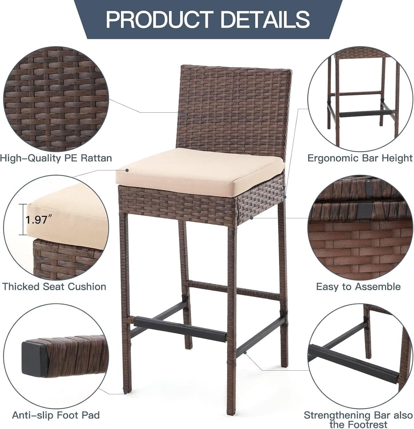 Outdoor Rattan Bar Stools Set with Cushions Comfort