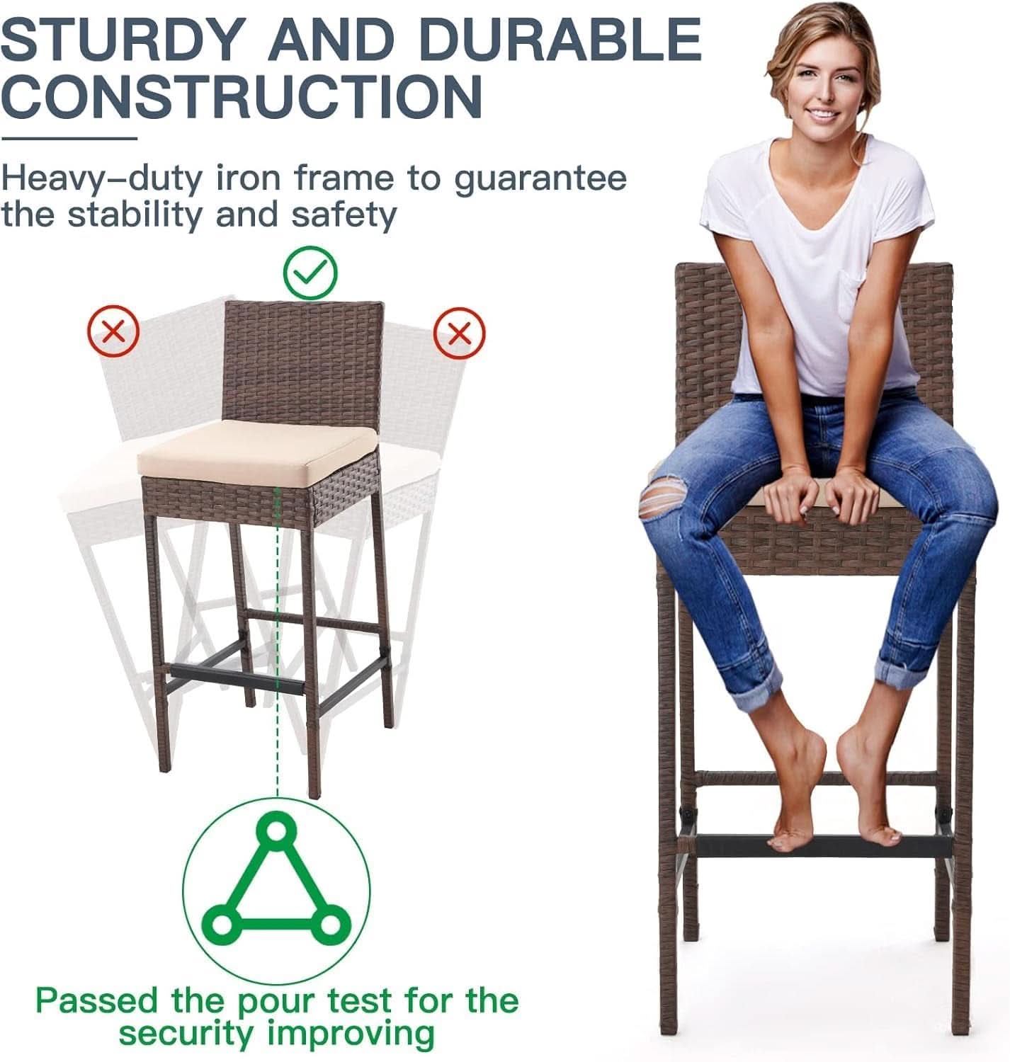 Outdoor Rattan Bar Stools Set with Cushions Comfort