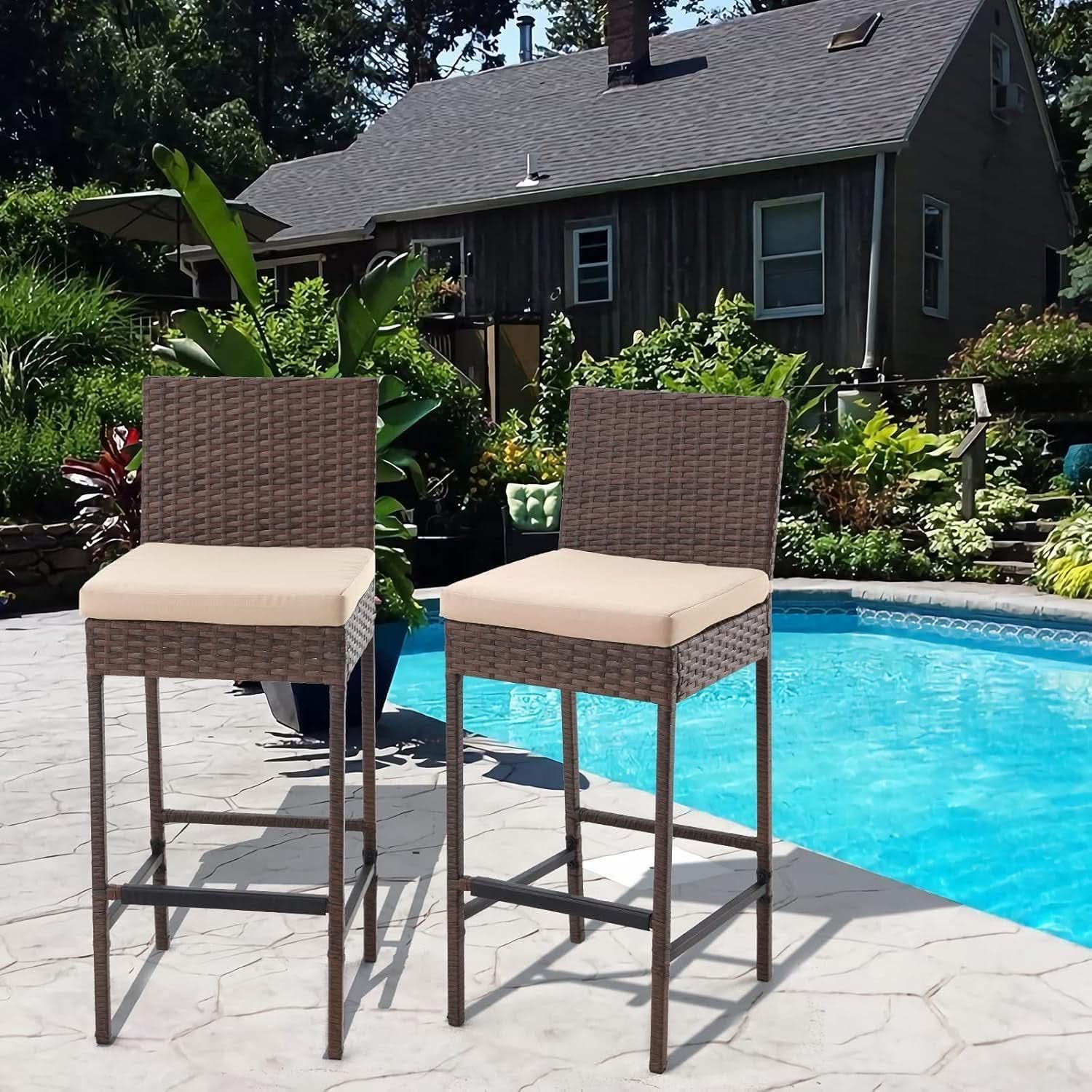 Outdoor Rattan Bar Stools Set with Cushions Comfort