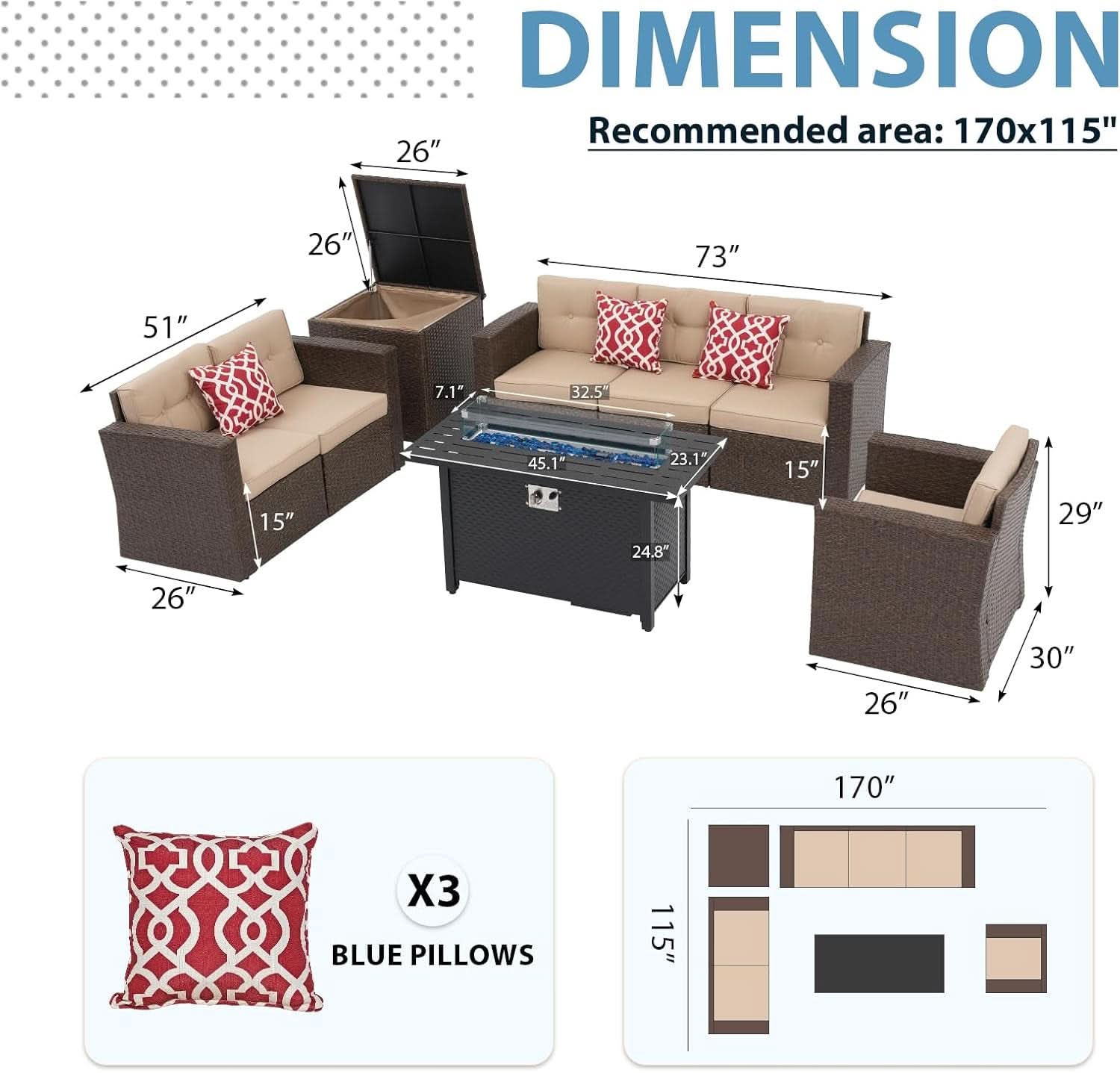 Outdoor Rattan Furniture Set with 45 Inch Fire Pit