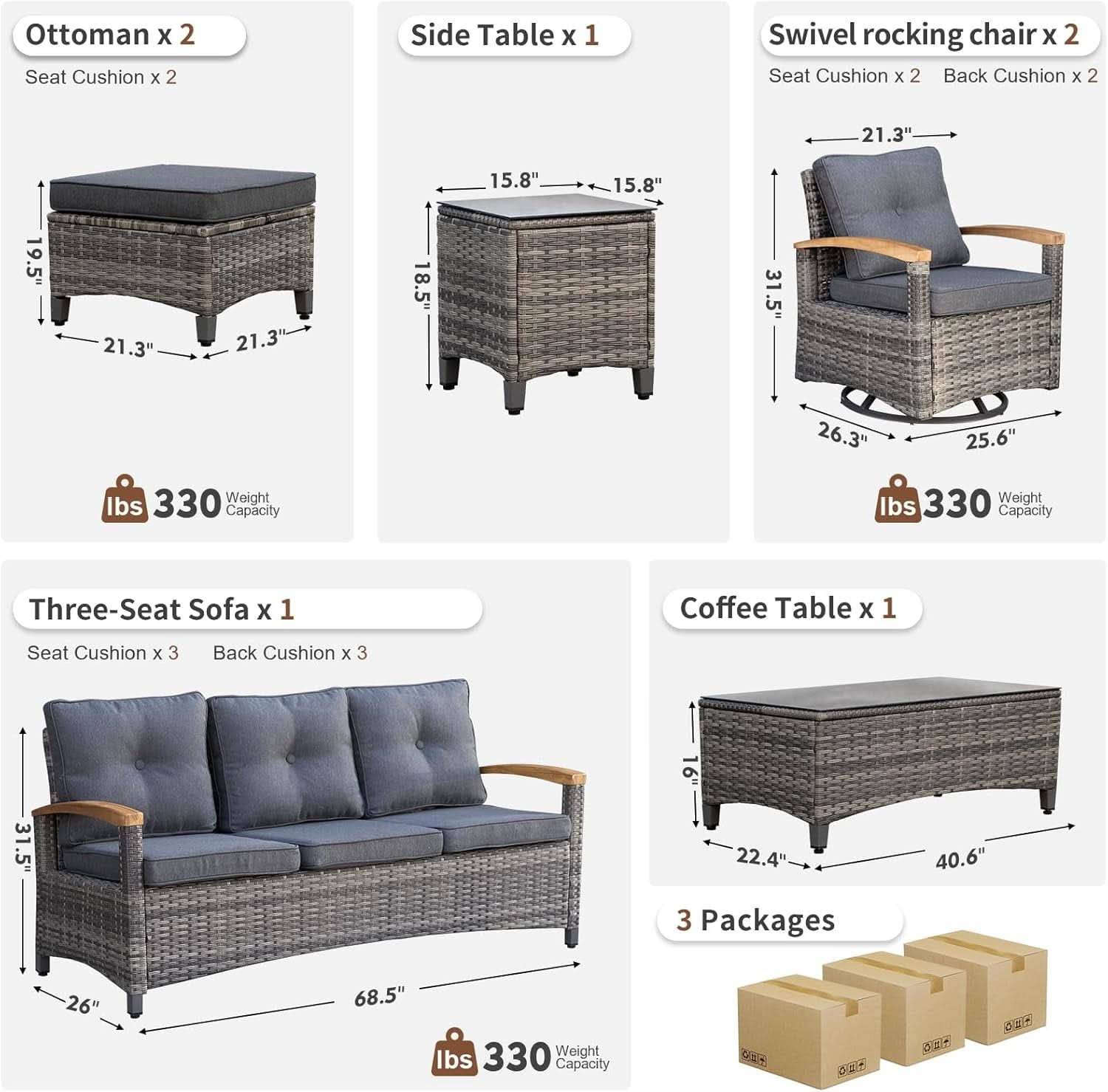 Outdoor Rattan Patio Furniture Set with Swivel Rockers