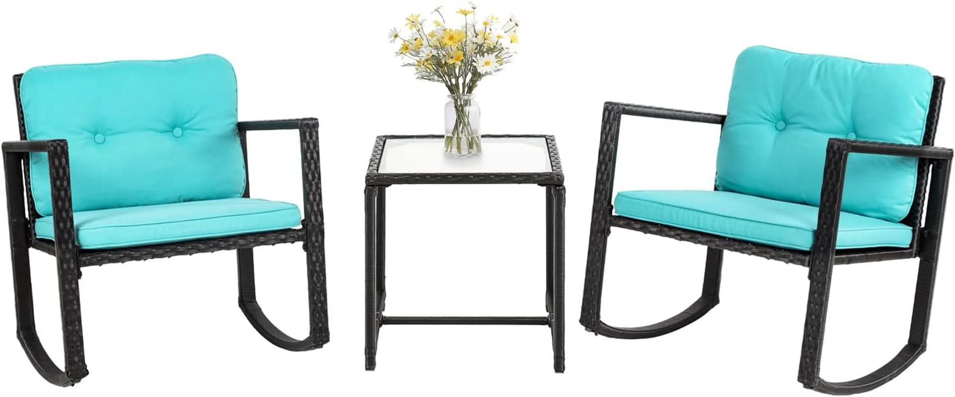 Outdoor Rattan Rockers Set With Glass Table Blue Cushions