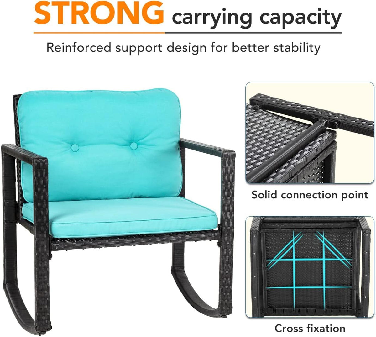 Outdoor Rattan Rockers Set With Glass Table Blue Cushions