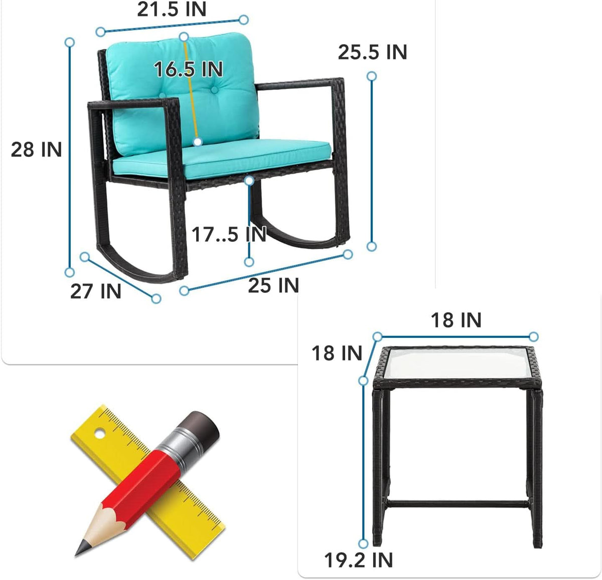 Outdoor Rattan Rockers Set With Glass Table Blue Cushions
