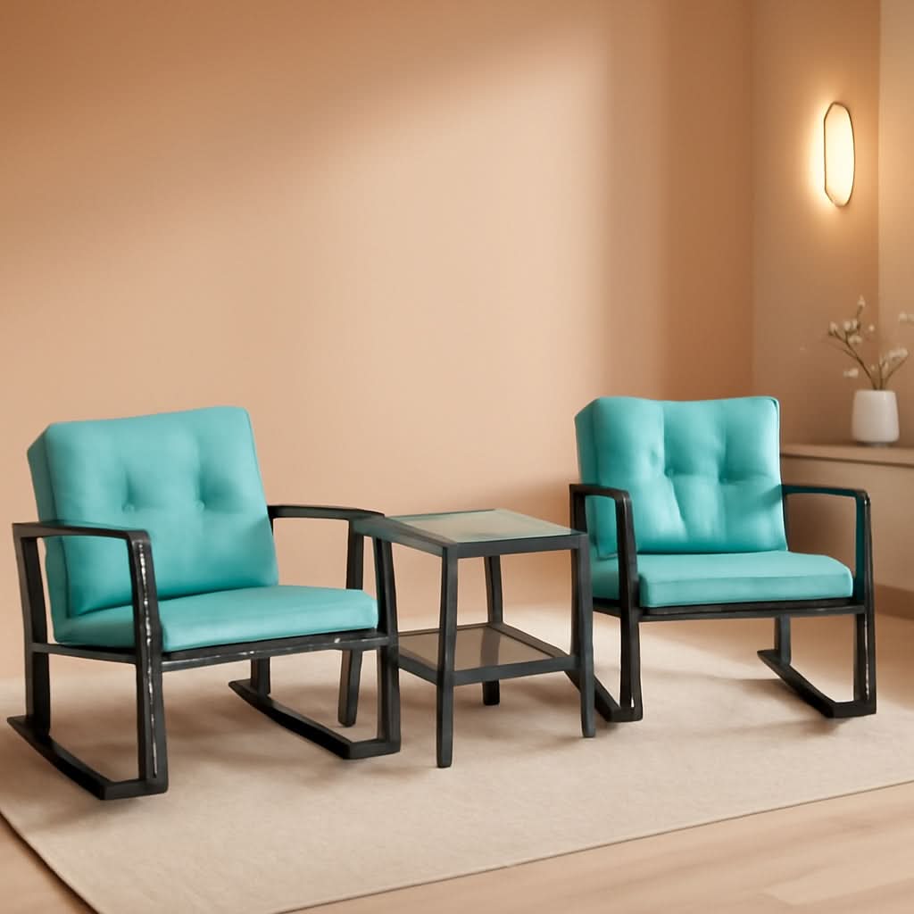 Outdoor Rattan Rockers Set With Glass Table Blue Cushions