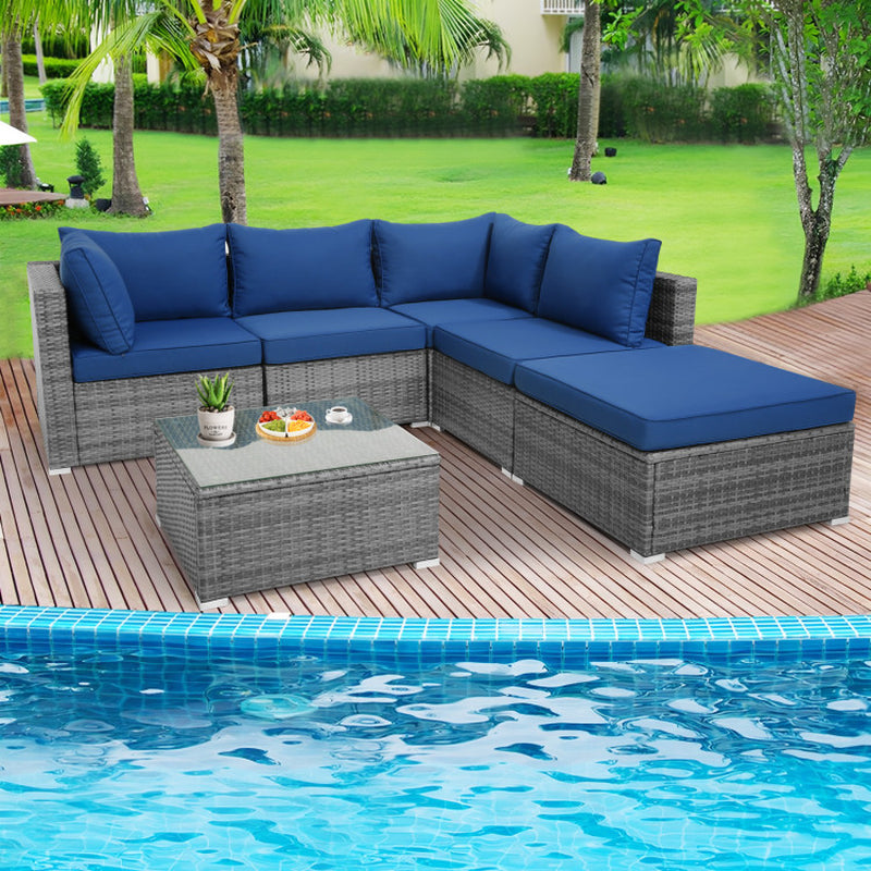 Outdoor Rattan Sofa Set 6 Piece With Plush Cushions