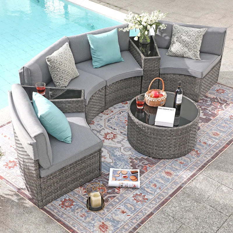 Outdoor Rattan Sofa Set Beige Cushions Weatherproof 7 Piece