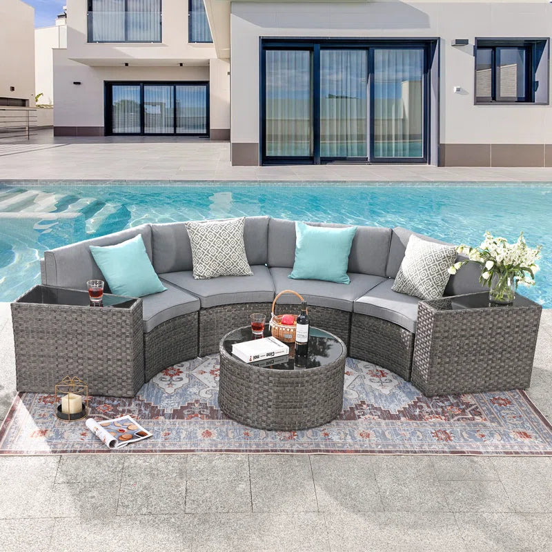 Outdoor Rattan Sofa Set Beige Cushions Weatherproof 7 Piece