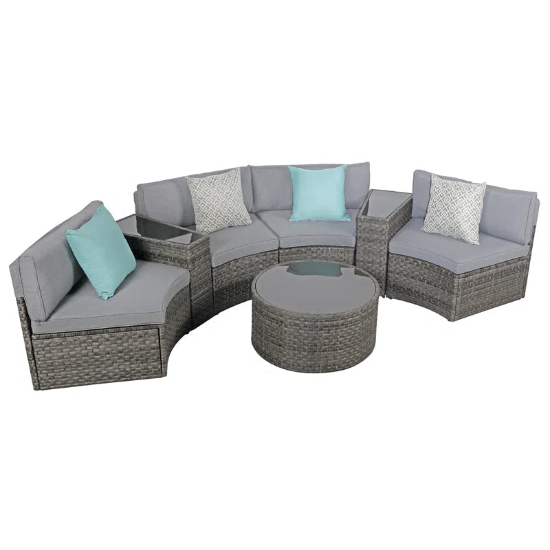 Outdoor Rattan Sofa Set Beige Cushions Weatherproof 7 Piece