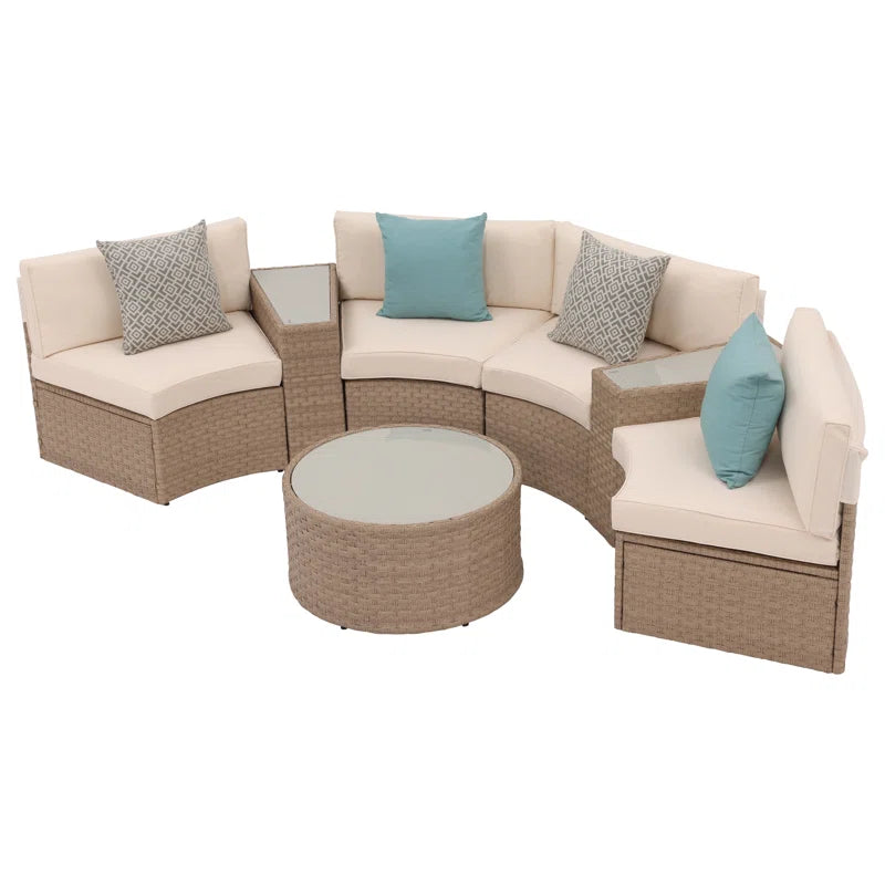 Outdoor Rattan Sofa Set Beige Cushions Weatherproof 7 Piece