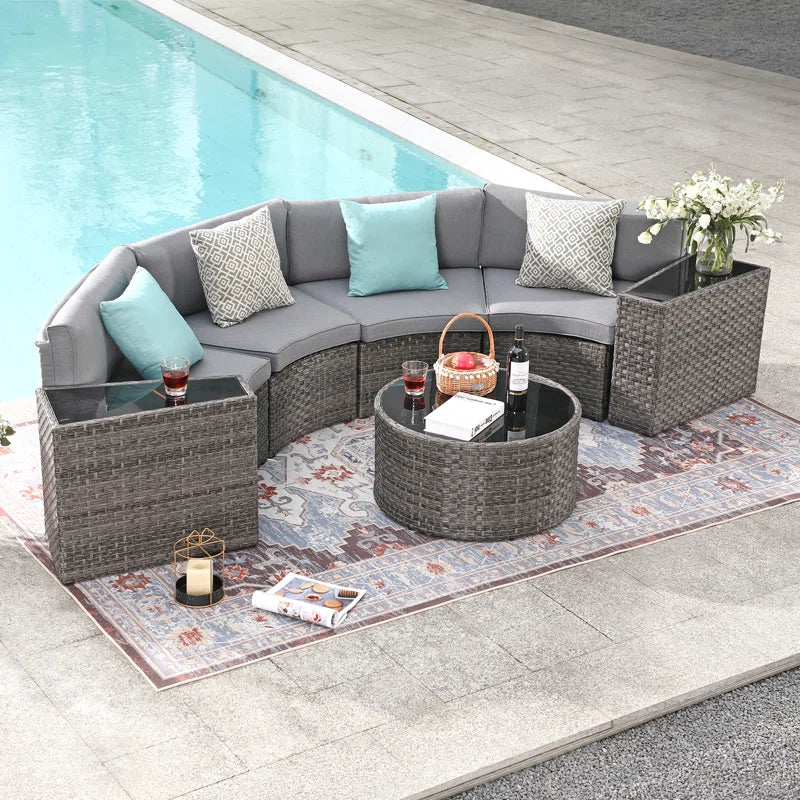 Outdoor Rattan Sofa Set Beige Cushions Weatherproof 7 Piece