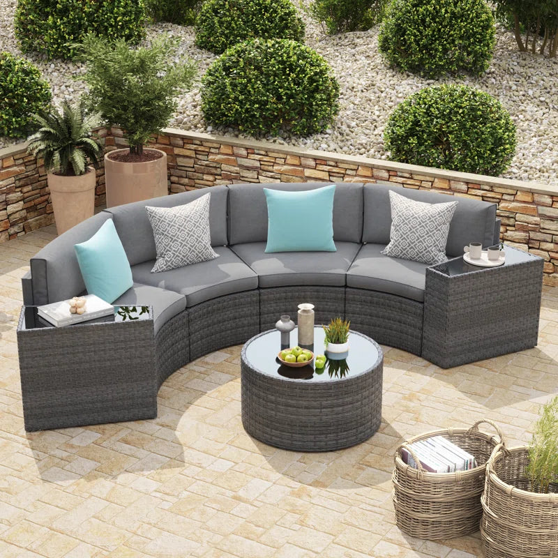 Outdoor Rattan Sofa Set Beige Cushions Weatherproof 7 Piece