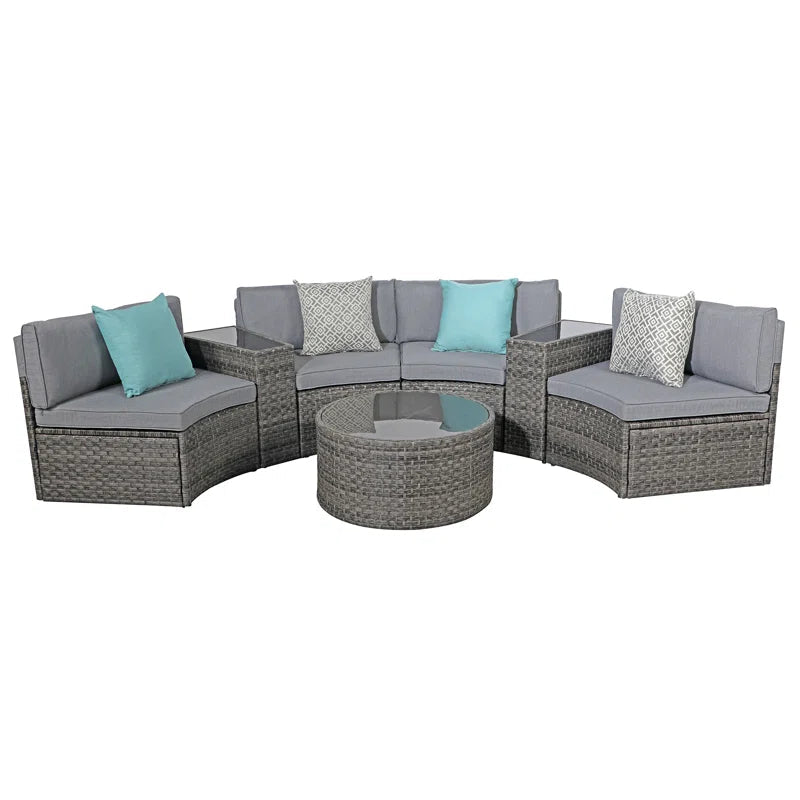 Outdoor Rattan Sofa Set Beige Cushions Weatherproof 7 Piece