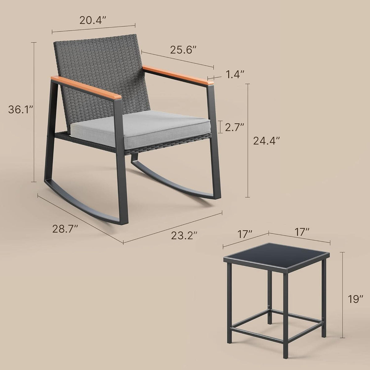 Outdoor Rocking Bistro Set With Cushions And Glass Table