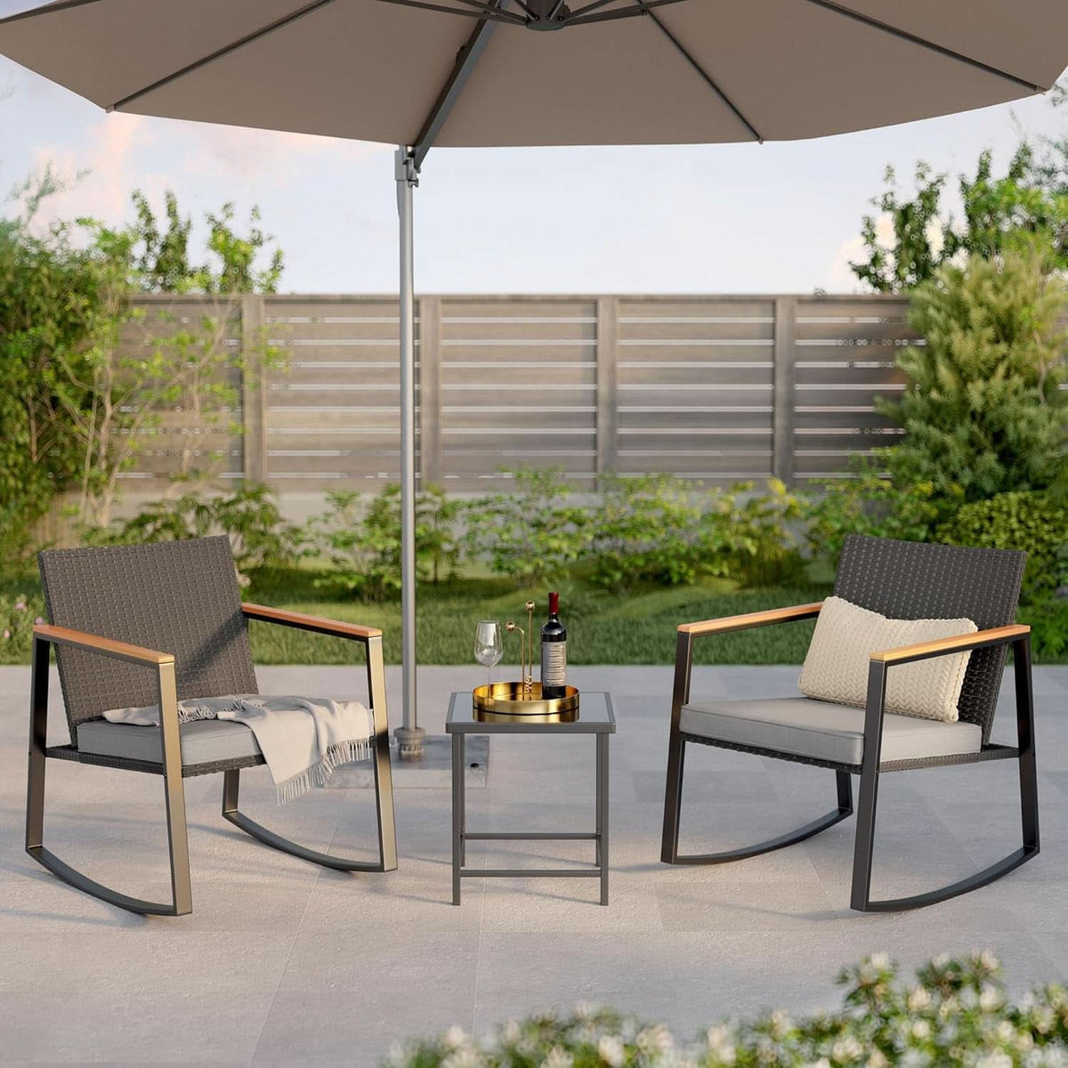 Outdoor Rocking Bistro Set With Cushions And Glass Table