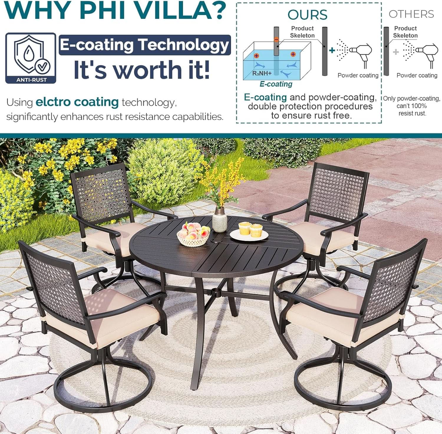 Outdoor Round Dining Table Set For Four With Swivel Chairs