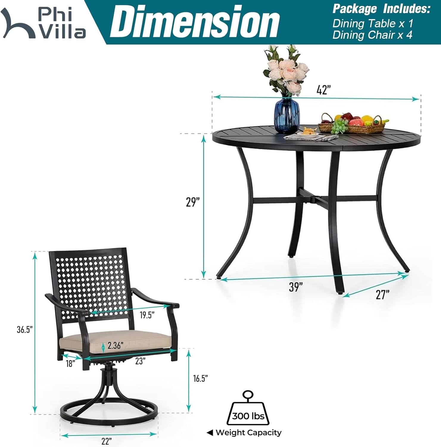 Outdoor Round Dining Table Set For Four With Swivel Chairs