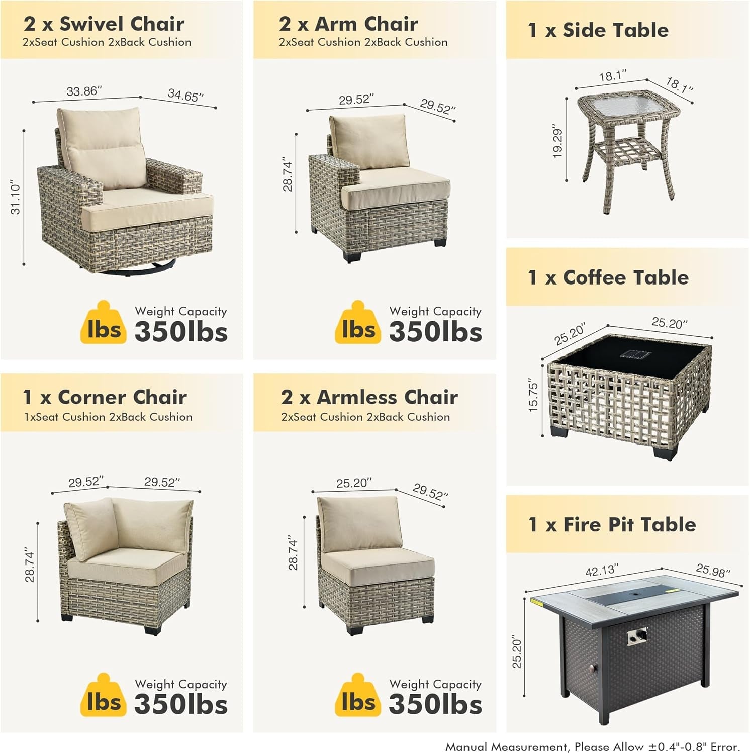 Outdoor Sectional Patio Furniture Set with Fire Pit