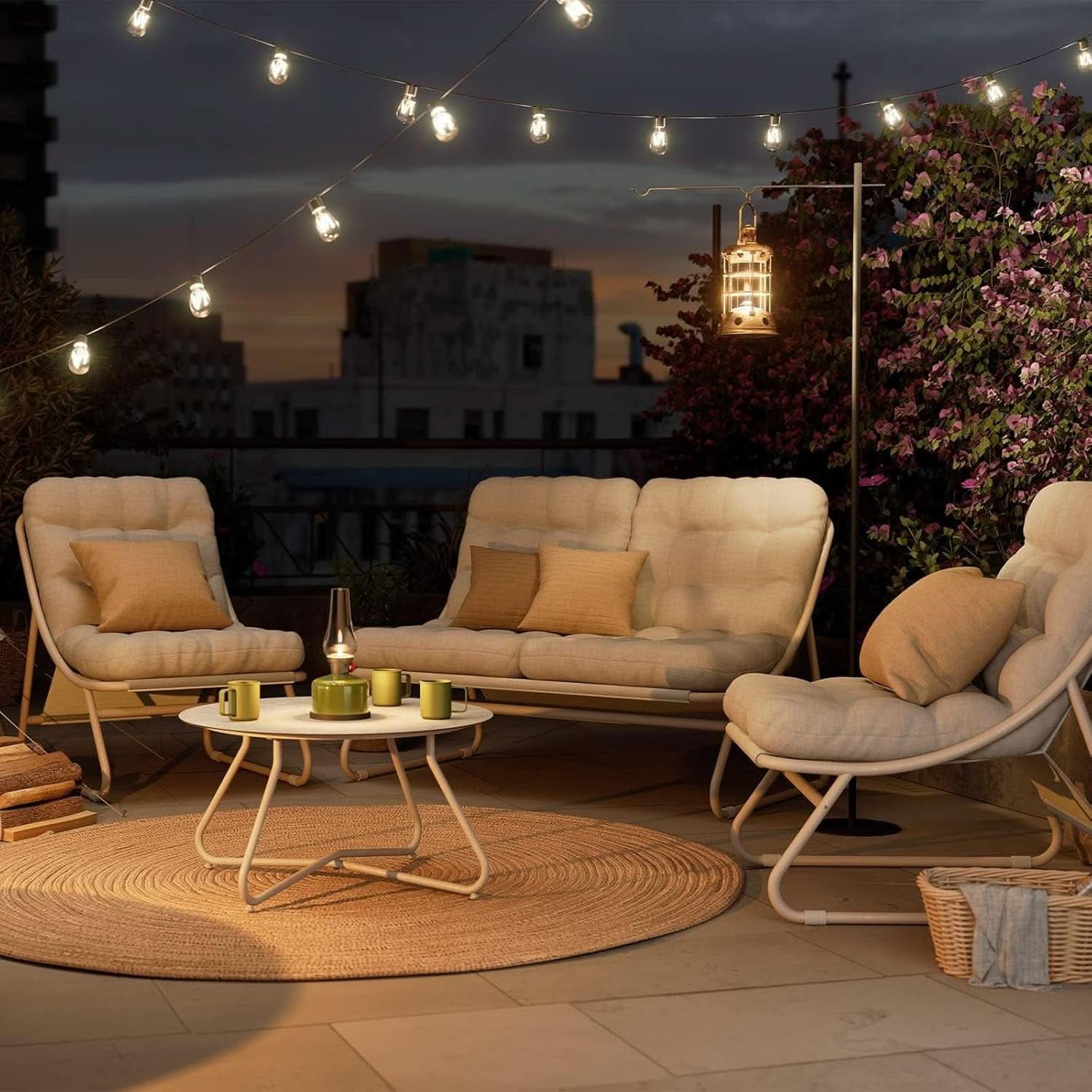 Outdoor Sofa Set For 4 With Thick Olefin Cushions Beige