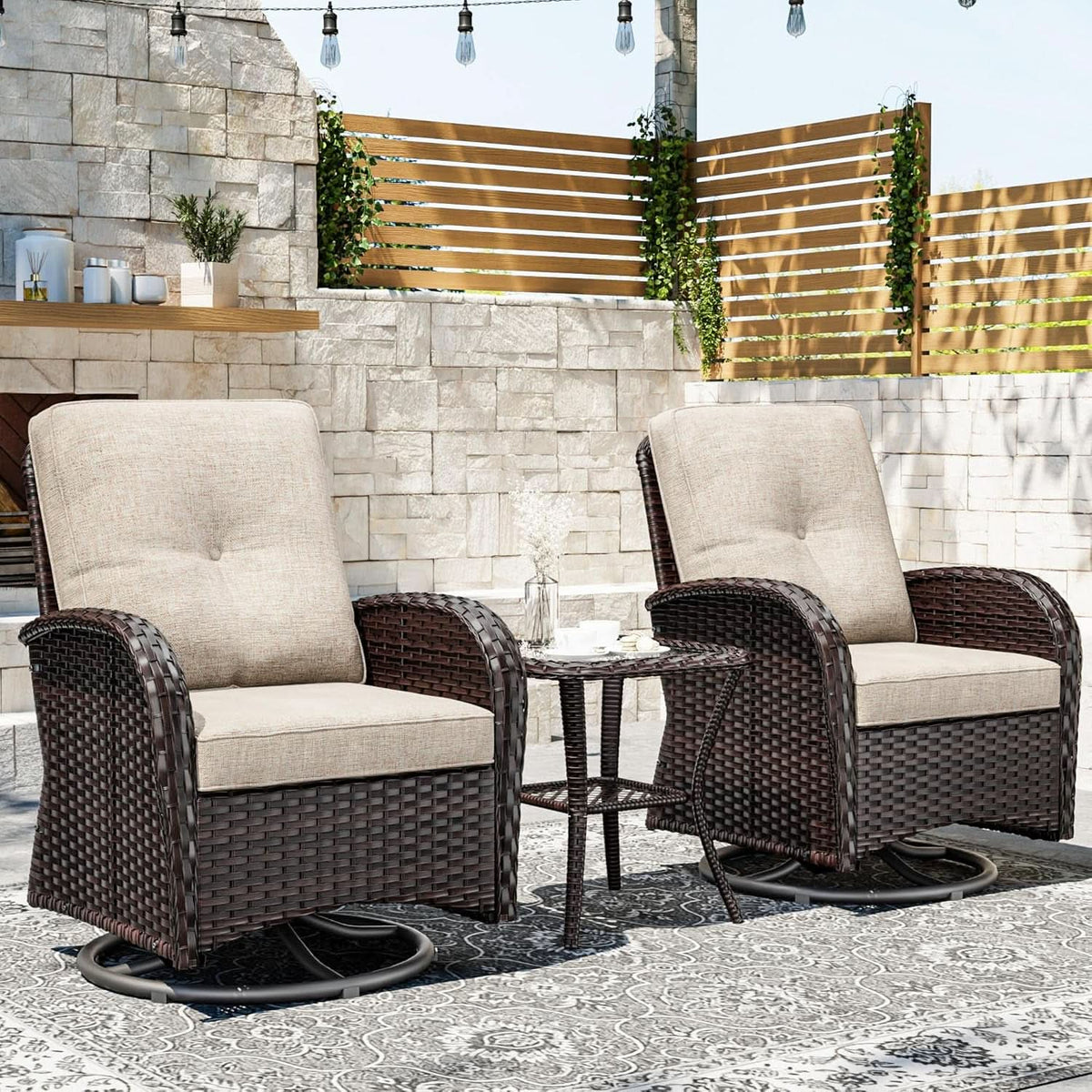 Outdoor Swivel Rocker Chairs 3 Piece Wicker Set Cushioned