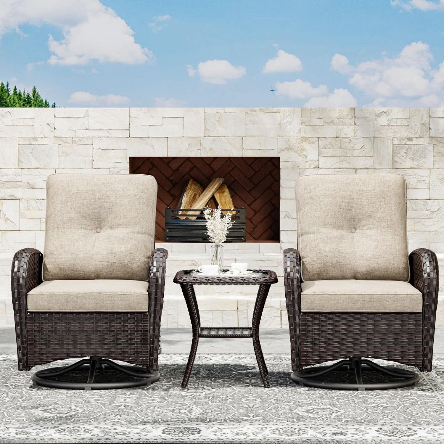 Outdoor Swivel Rocker Chairs 3 Piece Wicker Set Cushioned
