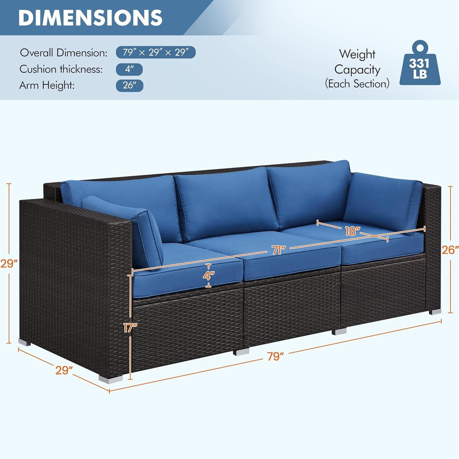 Outdoor Three-Seat Wicker Sofa with Deep Cushions and Pillows