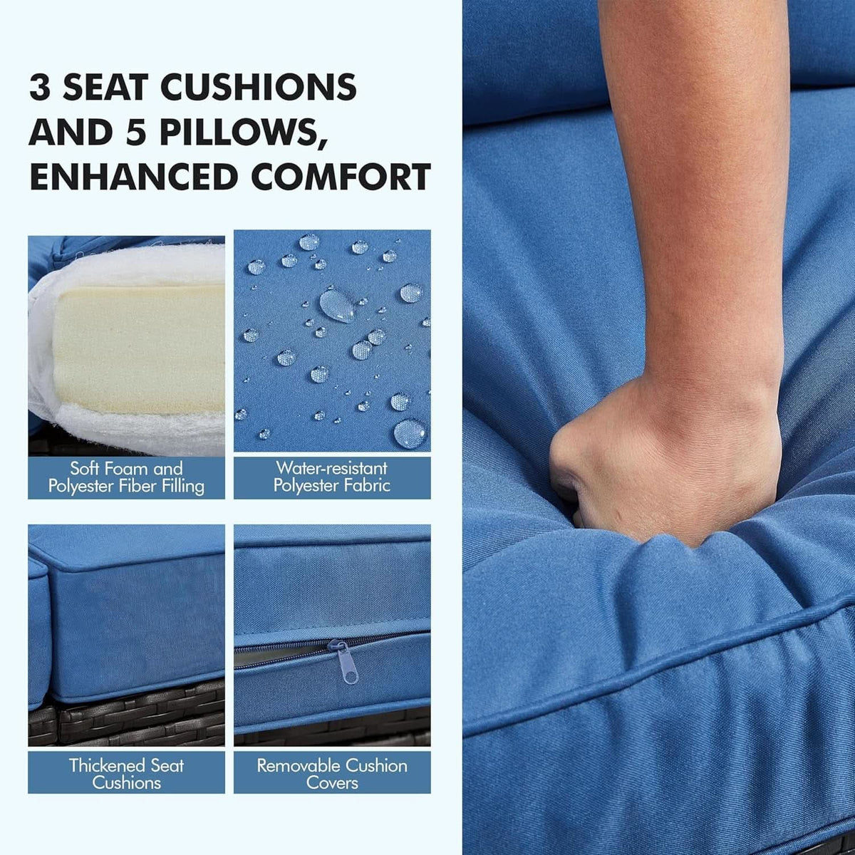 Outdoor Three-Seat Wicker Sofa with Deep Cushions and Pillows