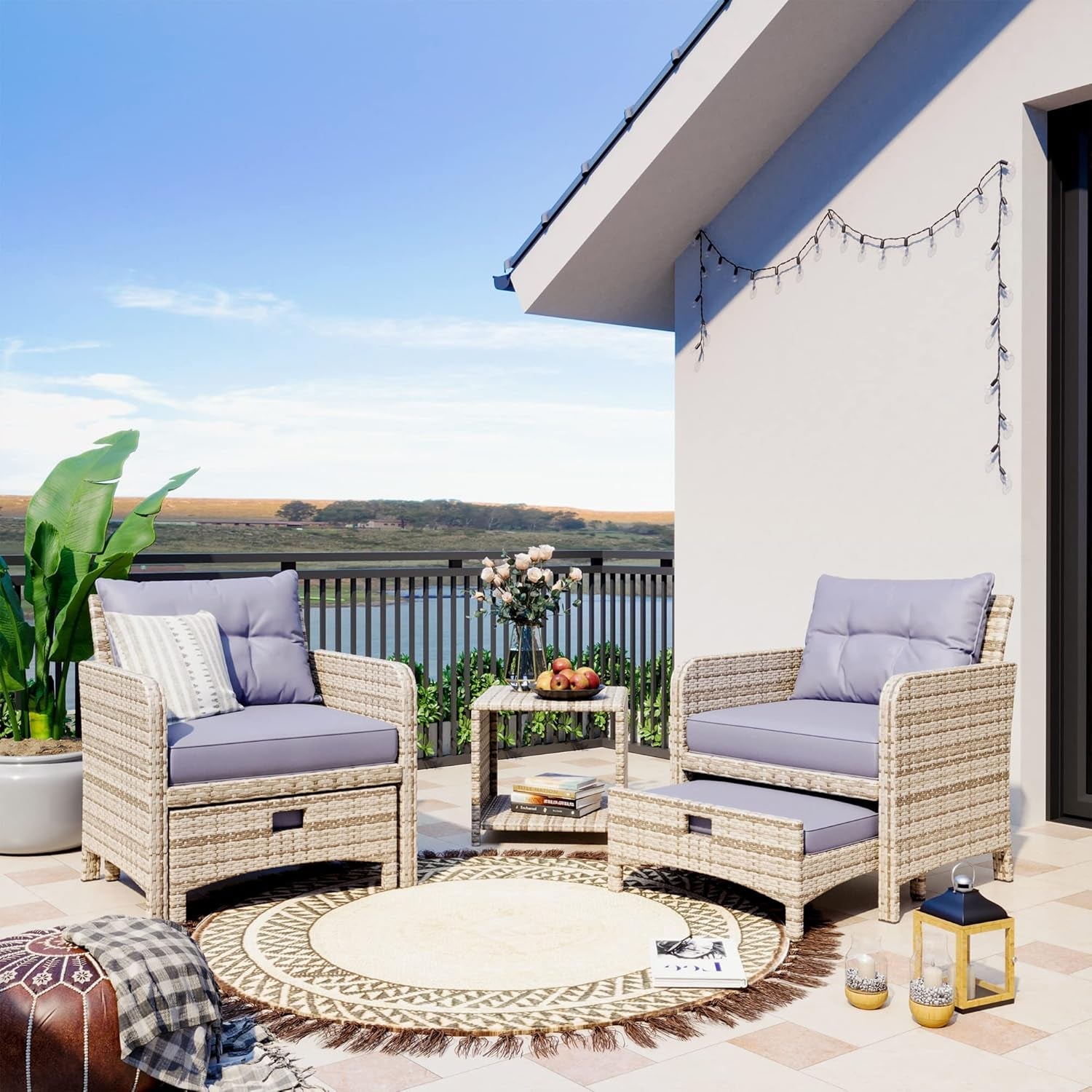 Outdoor Wicker Chair Set With Ottoman Purple Cushions