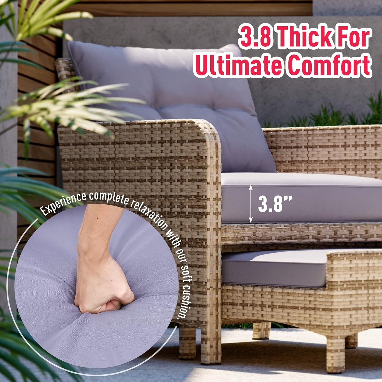 Outdoor Wicker Chair Set With Ottoman Purple Cushions