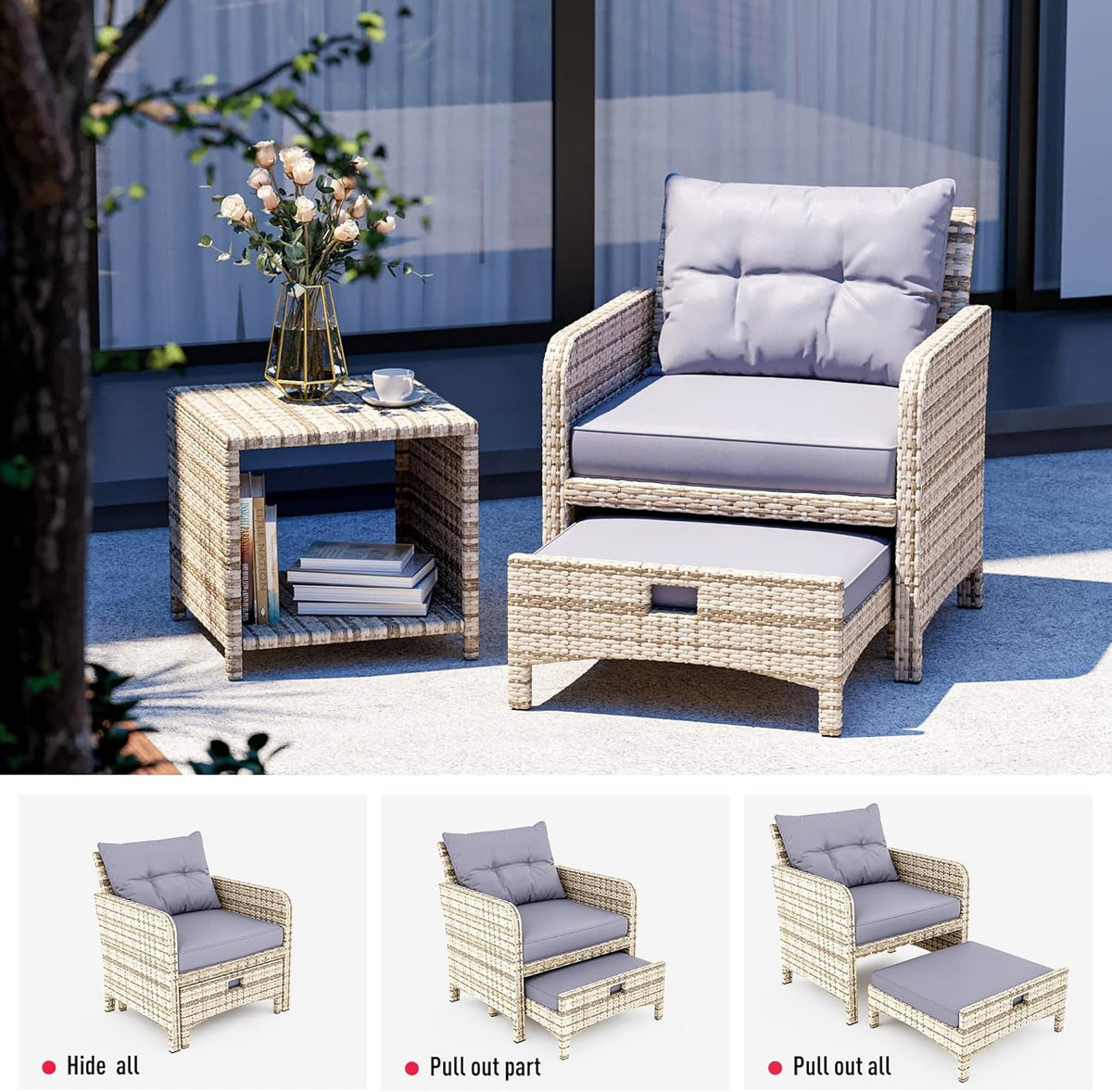 Outdoor Wicker Chair Set With Ottoman Purple Cushions