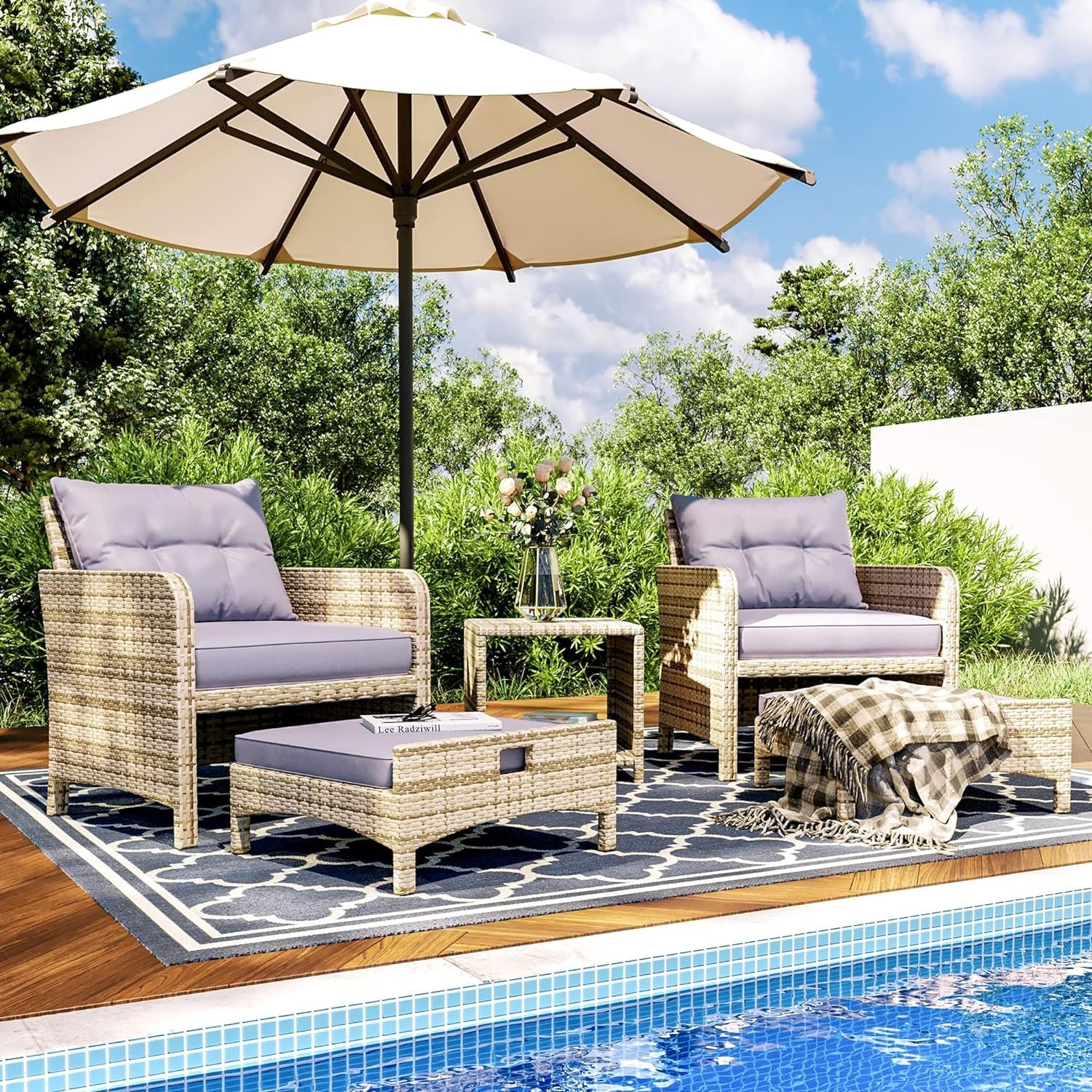 Outdoor Wicker Chair Set With Ottoman Purple Cushions